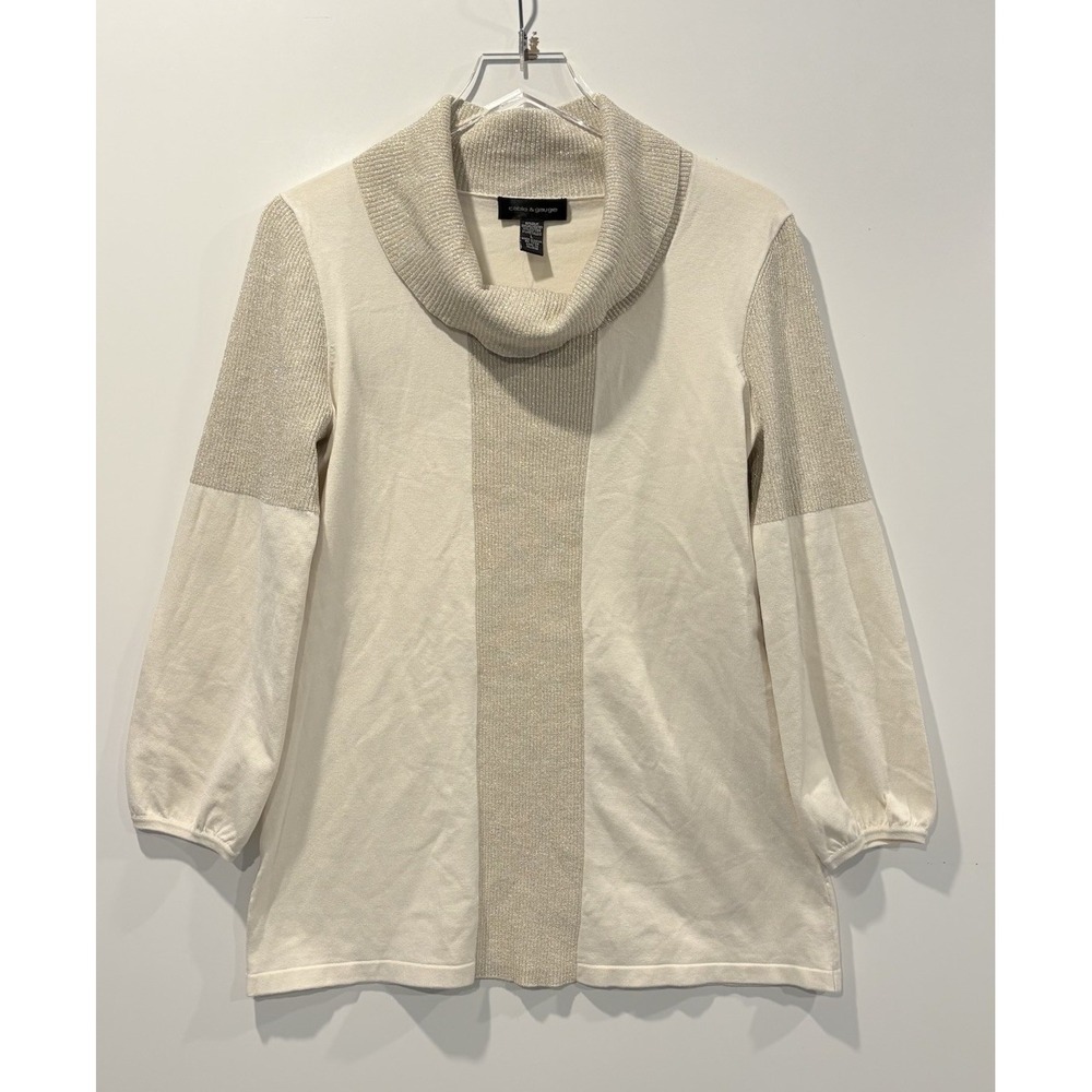 Cable & Gauge Cowl Neck Silk Blend Metallic Colorblock Sweater Cream Gold L - Picture 1 of 6